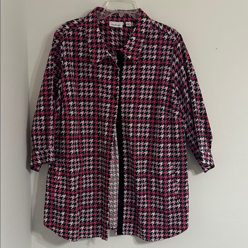 Joan Rivers Pink and Black Houndstooth Button Down Shirt